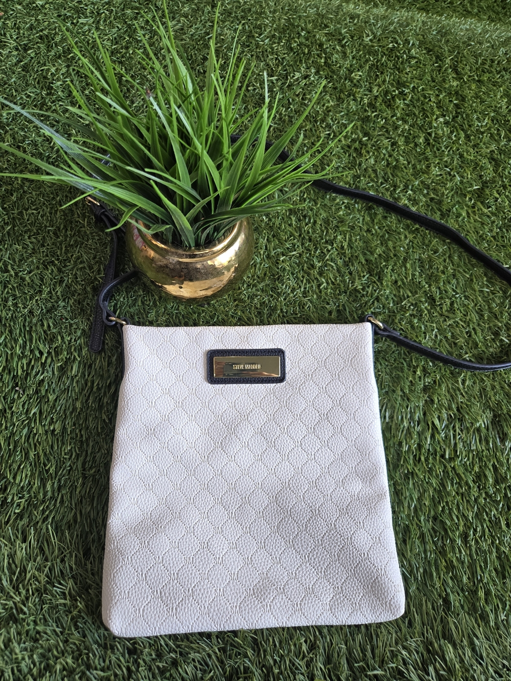Steve Madden Ivory Textured Crossbody with Black Strap